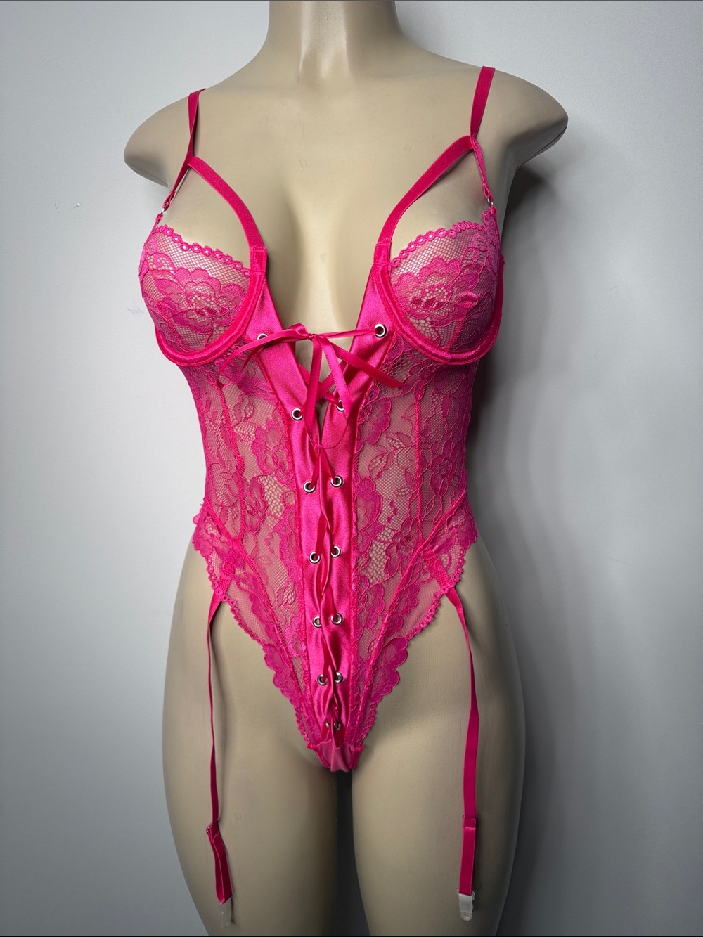 SHEIN Hot Pink Lace Teddy with Front Lace-Up & Garter Straps